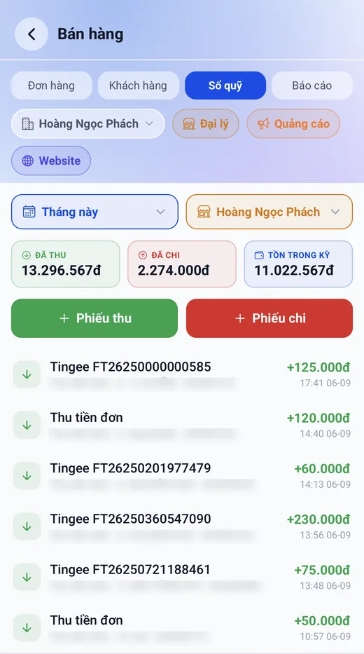 Sổ quỹ cửa hàng: thu, chi và tồn quỹ cập nhật theo từng giao dịch
