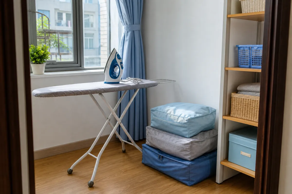 Một góc phòng nhỏ chừng hai mét vuông: bàn là có bàn ủi, vài túi vải đựng đồ xếp chồng gọn gàng bên cạnh và một chiếc kệ.