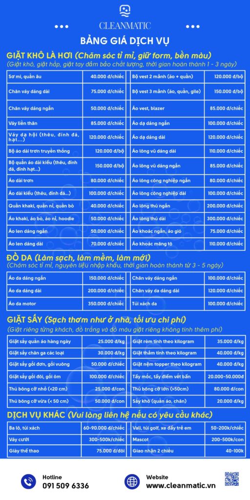Bảng giá dịch vụ giặt là